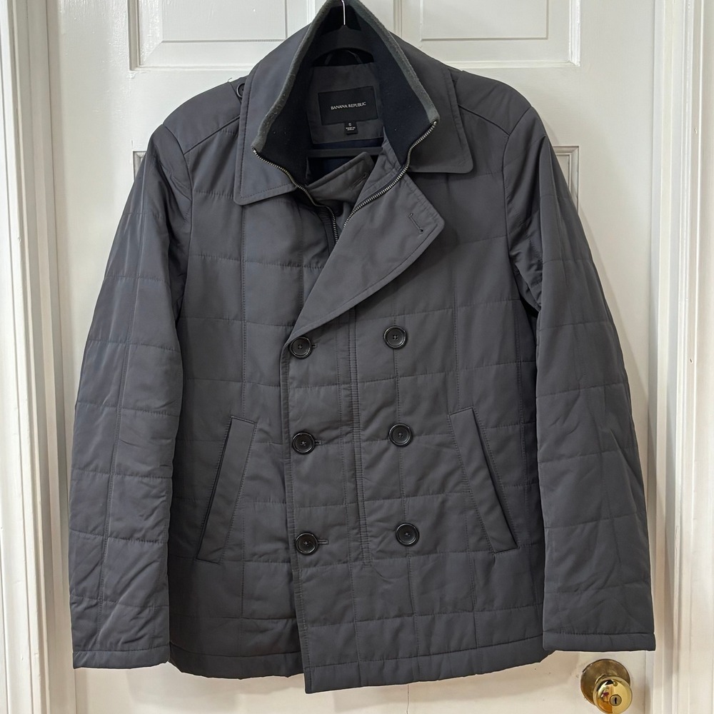 Banana‎ Republic Classic Lightweight Preppy Sz S Gray Quilted Pea Coat Jacket